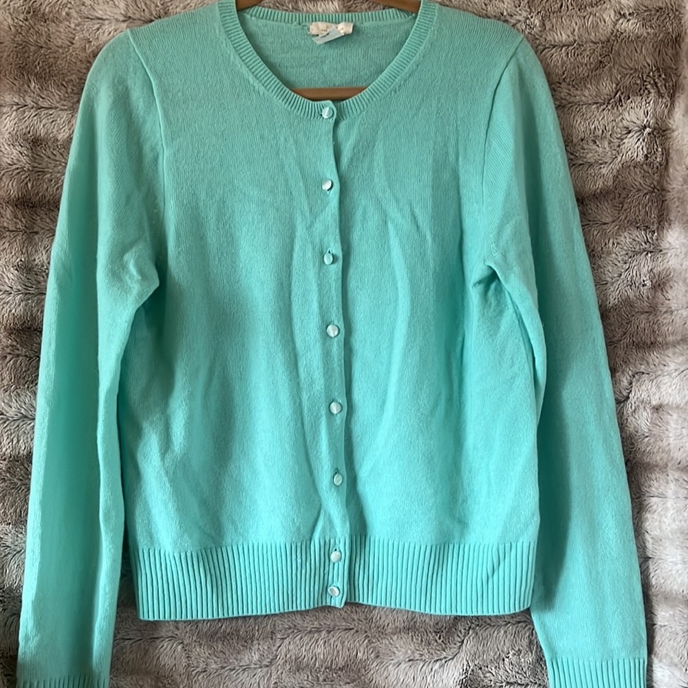Luxury Cashmere sweater. J. Crew sea foam green button up